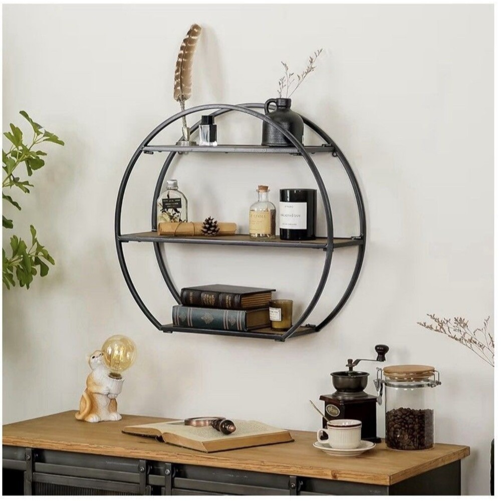 Industrial 3-Tier Semi-Circle Wall Shelves with Metal Bracket and Wood